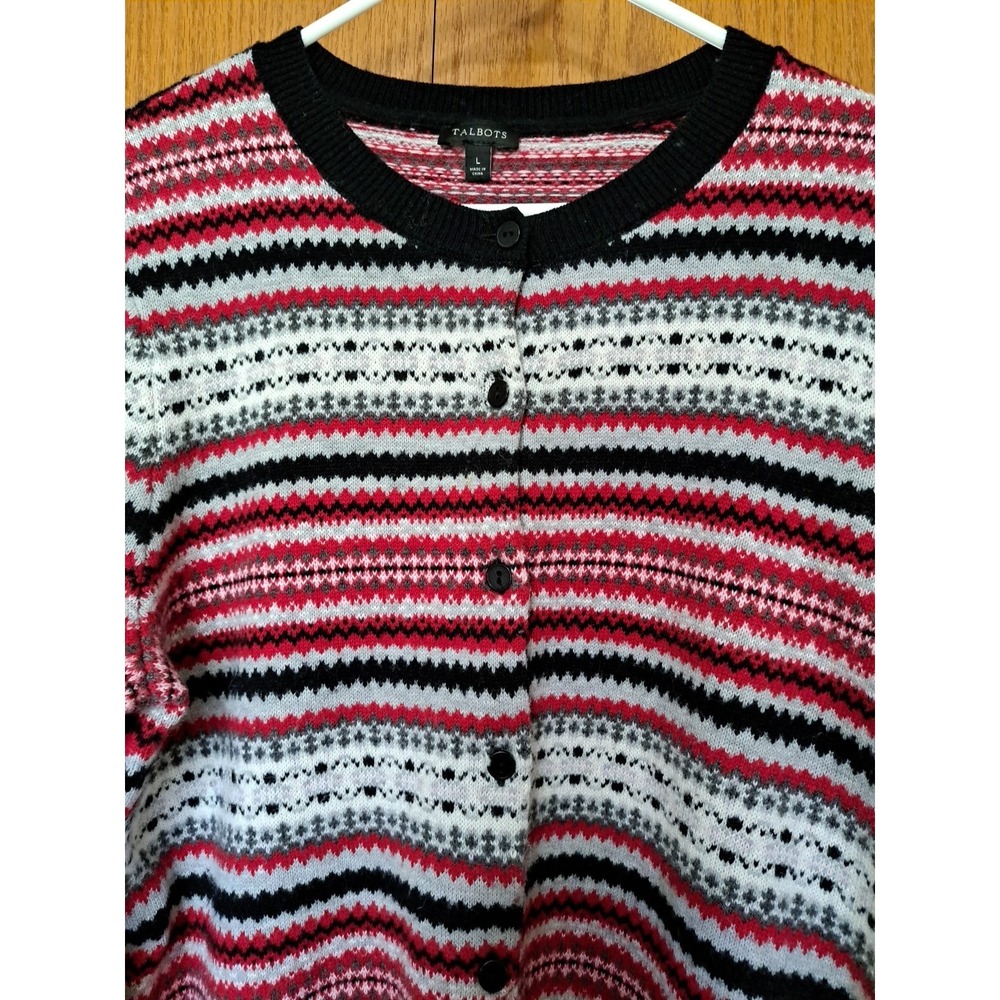 Talbots Womens Wool Cardigan Sweater Large L Striped Fair Isle Knit Button Front
